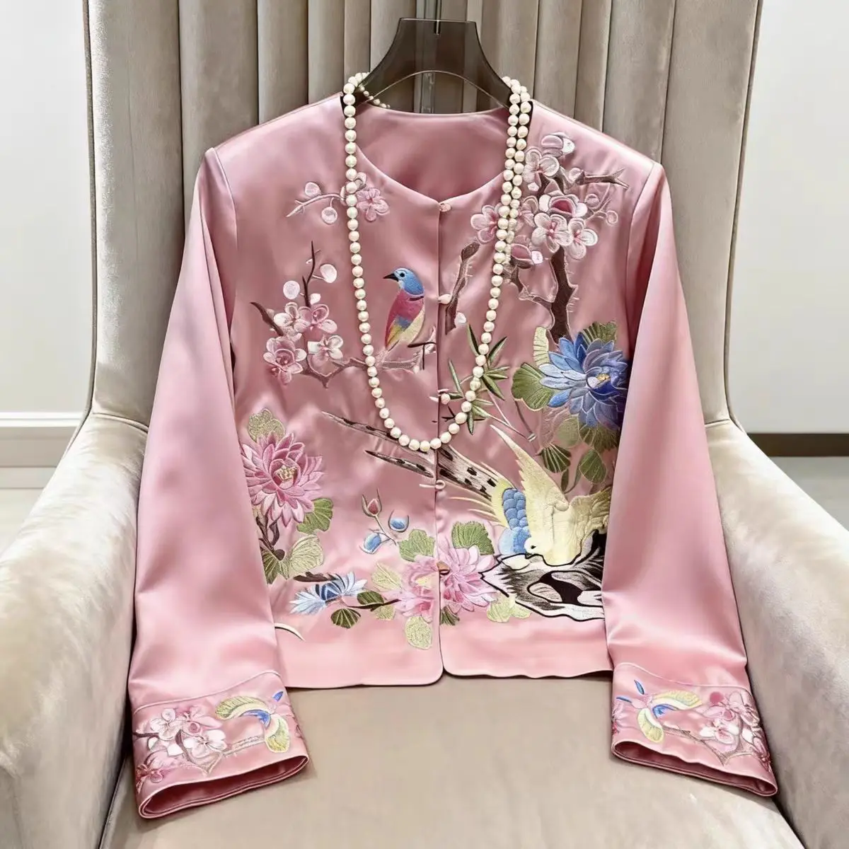 High Quality Spring Top Chinese Style Top Women's Embroidery Joy Fills the Face With Flowers and Birds Loose Acetate Coat S-XXL