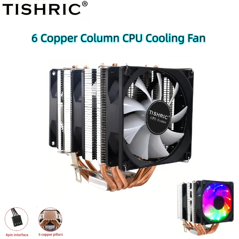 

TISHRIC RGB 6 Вентилятор охлаждения процессора с медной колонкой, 4 интерфейса, радиатор, тепловые трубки, кулер для процессора, вентилятор для ПК, LGA 2011 1200 1150