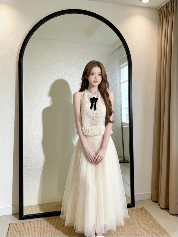 

Elegant Knot Top High Waist Mesh Long Skirt Set Summer New Arrival Rich Girl Fashionable Women's Two-Piece Suit