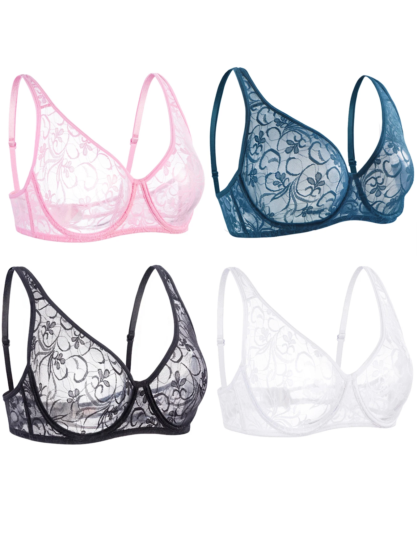 4 Pcs Women's Plus Size Bra Set Lace Sheers Unpadded Sexy Lingerie Flower Knitting BH Tops with Underwire Undergarments