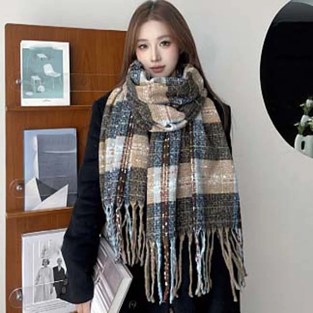 

Soft Soft Plaid Knitted Scarf Classic Cold-proof Long Tassel Neckscarf Korean Style Polyester Women Thickened Scarf Men