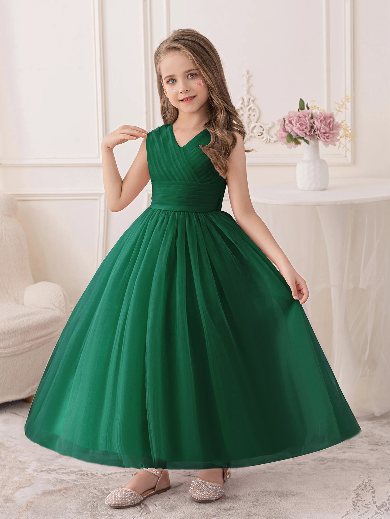 Dark Green Princess Dress New Designs for Young Girls Formal Tulle Party Bridesmaid Kids Beautiful Ball Gown Wedding Clothing