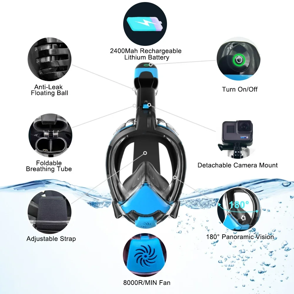 Full Face Snorkel CO2 Reducing System  Anti-Leak anti-Fog Safety Breath Adults Diving Snorkeling equipment