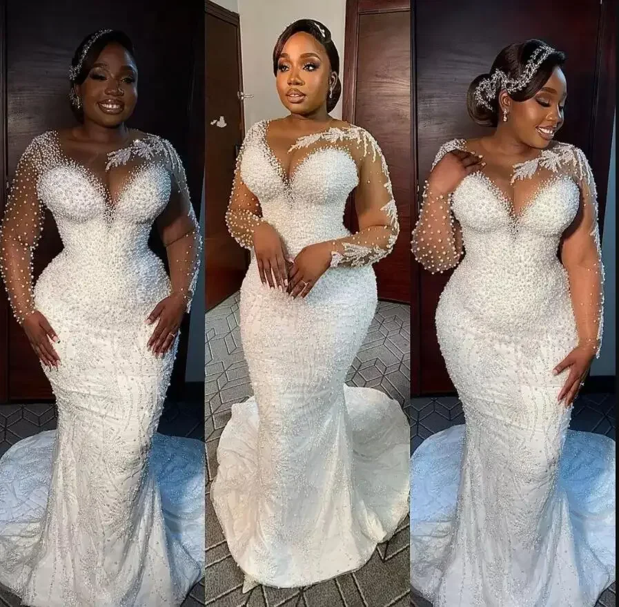 

Customized Sparkly Heavy Pearls Wedding Dress With Detachable Train Robe De Mariee Luxe Plus Size Long Sleeves Bridal Gown