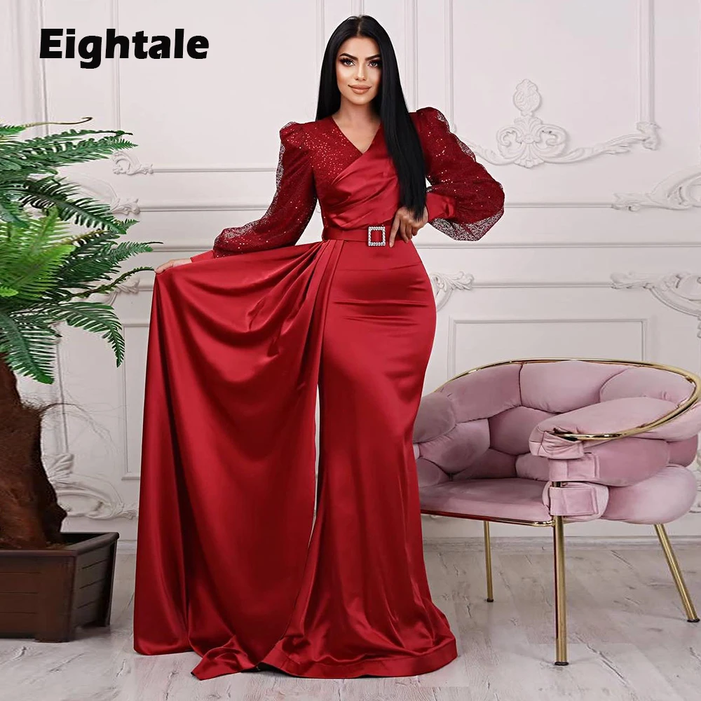 

Eightale Arabic Sparkly Prom Dresses for Wedding Party V-Neck Red Satin Belt Long Sleeves Mermaid Evening Gowns Celebrity