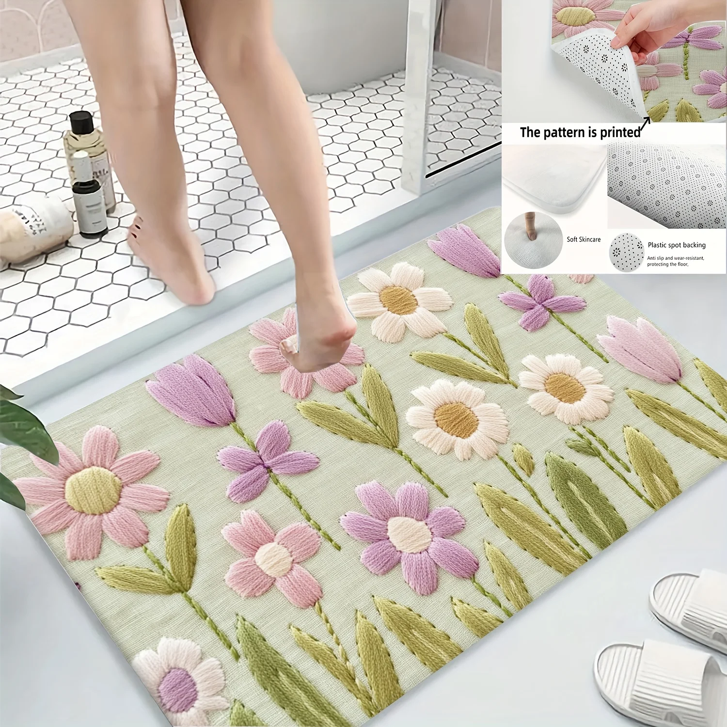 Mint Green Daisy Tulip Bath Mat, Non-Slip Machine Washable Rug, Floral Kitchen Bathroom Decor, Ideal Housewarming Gift
