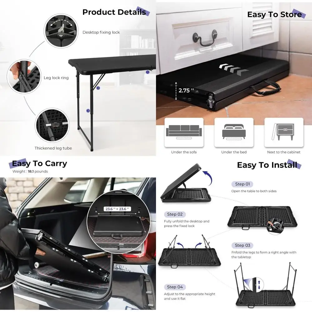 

Портативный сверхмощный пластиковый складной стол на 4 фута с регулируемой высотой, ручкой для переноски для внутреннего и наружного использования, подходит для