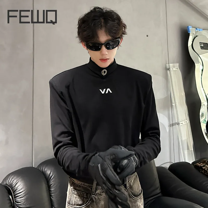 FEWQ Shoulder Pads Niche Metal High Neck Base Men T-shirt Slim Fit Trendy Long Sleeved 2024 Solid Color Male Tops 24E2651