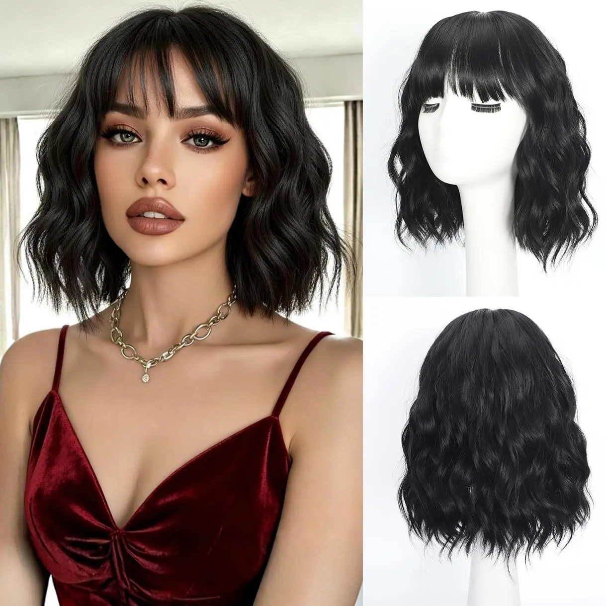 Black short wavy curl synthetic wig - Halloween party cosplay role-playing wig - Daily wig - Heat-resistant hairpiece