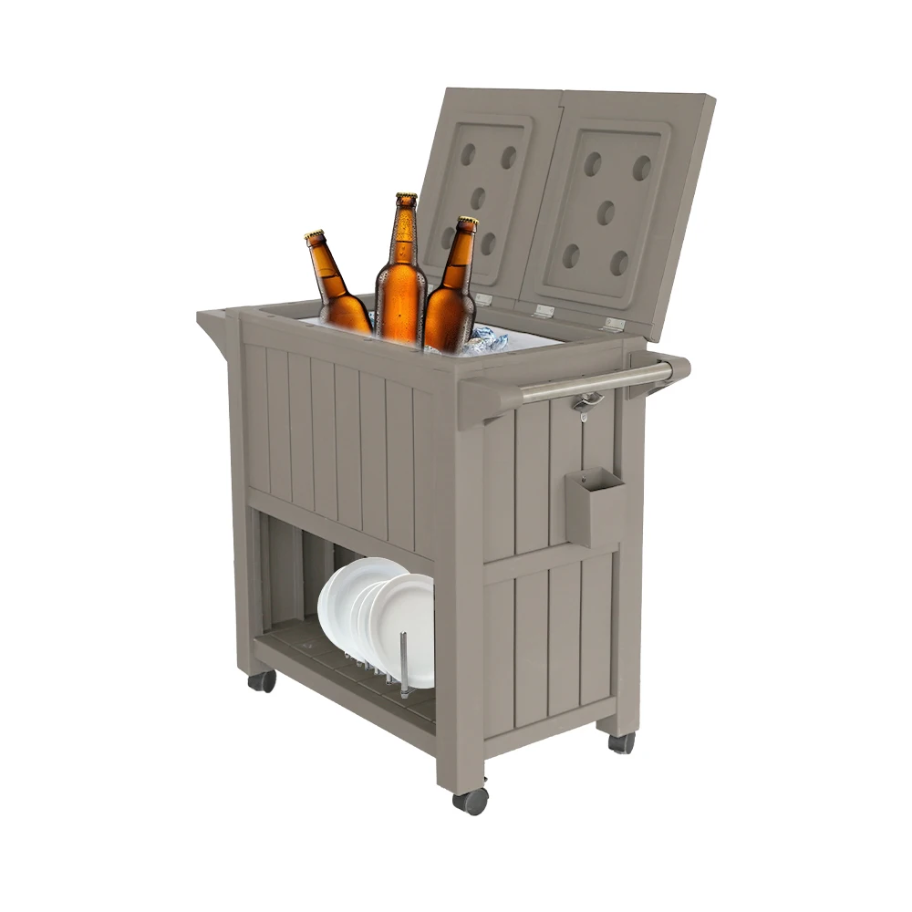 3-in-1 Service Cart Storage Table Prep Station Wood Texture 80L Ice Bucket Cooler Rolling Cabinet Trolley with Four Wheels
