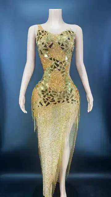 

Sexy Split Party Outfit Sparkly Gold Mirror Rhinestone Fringes Long Dress Sleeveless Women Celebrate Evening Birthday Dress