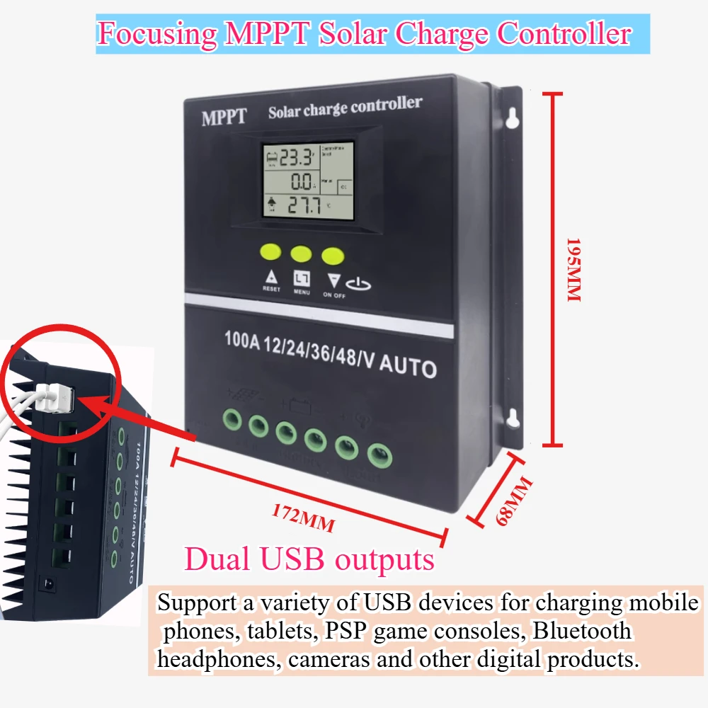 

Солнечный контроллер, полностью автоматический универсальный 12V24V36V48V MPPT, литиевая батарея, зарядное устройство для фотоэлектрической панели