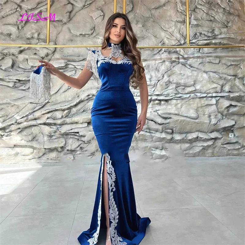 Marokański kaftan suknie wieczorowe aplikacje koronkowa czapka rękaw Royal Blue Mermaid szczelina aksamitne arabskie suknie na bal maturalny Party Dress 2023