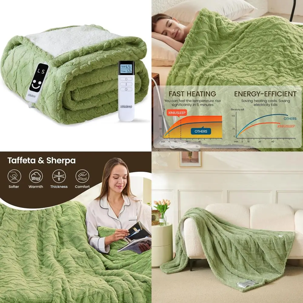

62x84 Soft Taffeta Sherpa Electric Blanket, 5 Heat Levels & 1-12H Auto Off, Overheat Protection, Washable - Sage Green