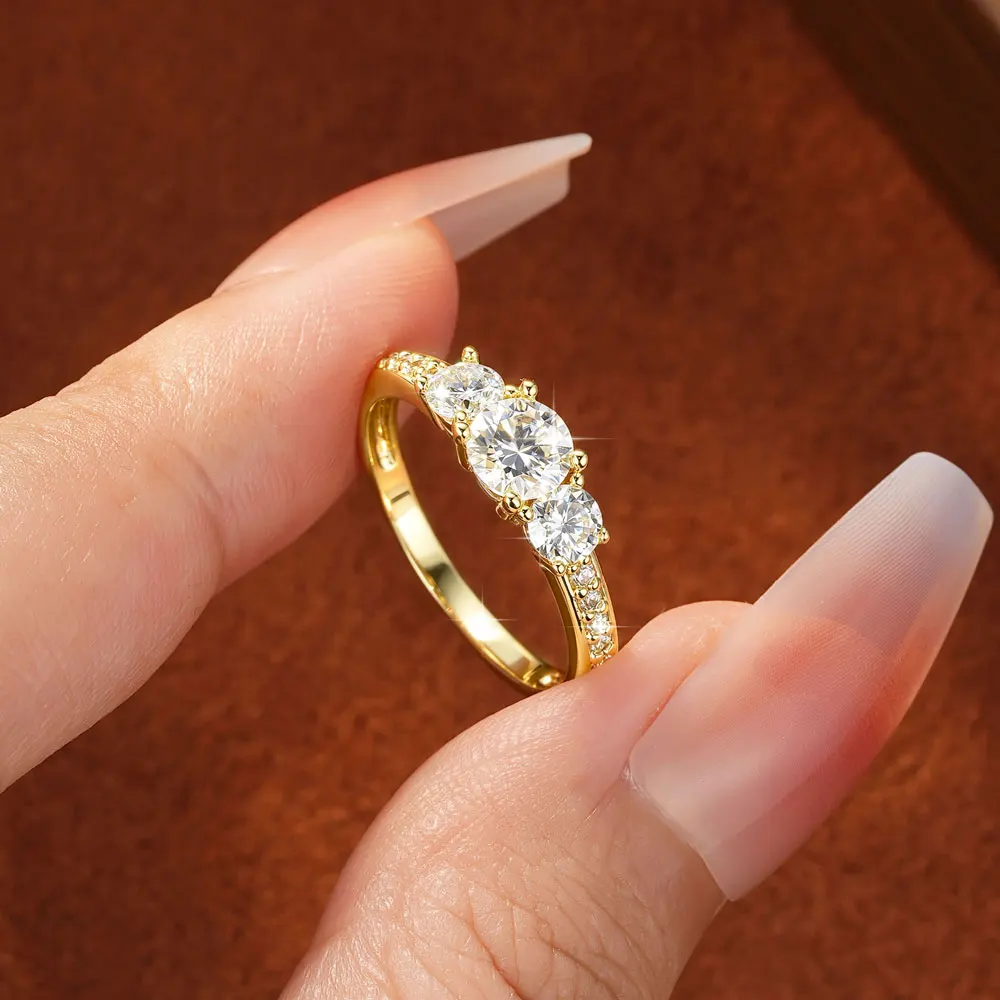 Celestinova Round Moissanite Three Stone Ring GRA Certified 14K Gold Plated Engagement Wedding Bridal Jewelry For Women