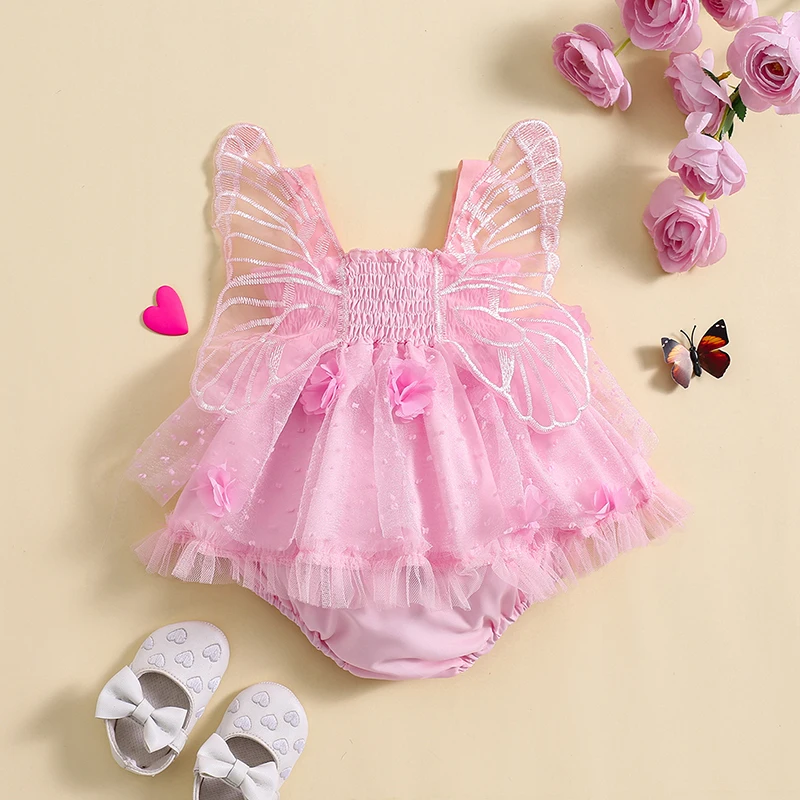 Baby Girls Romper Dress Sleeveless Pleated Flower Butterfly Tulle Patchwork Bodysuit Summer Clothes Casual Cute