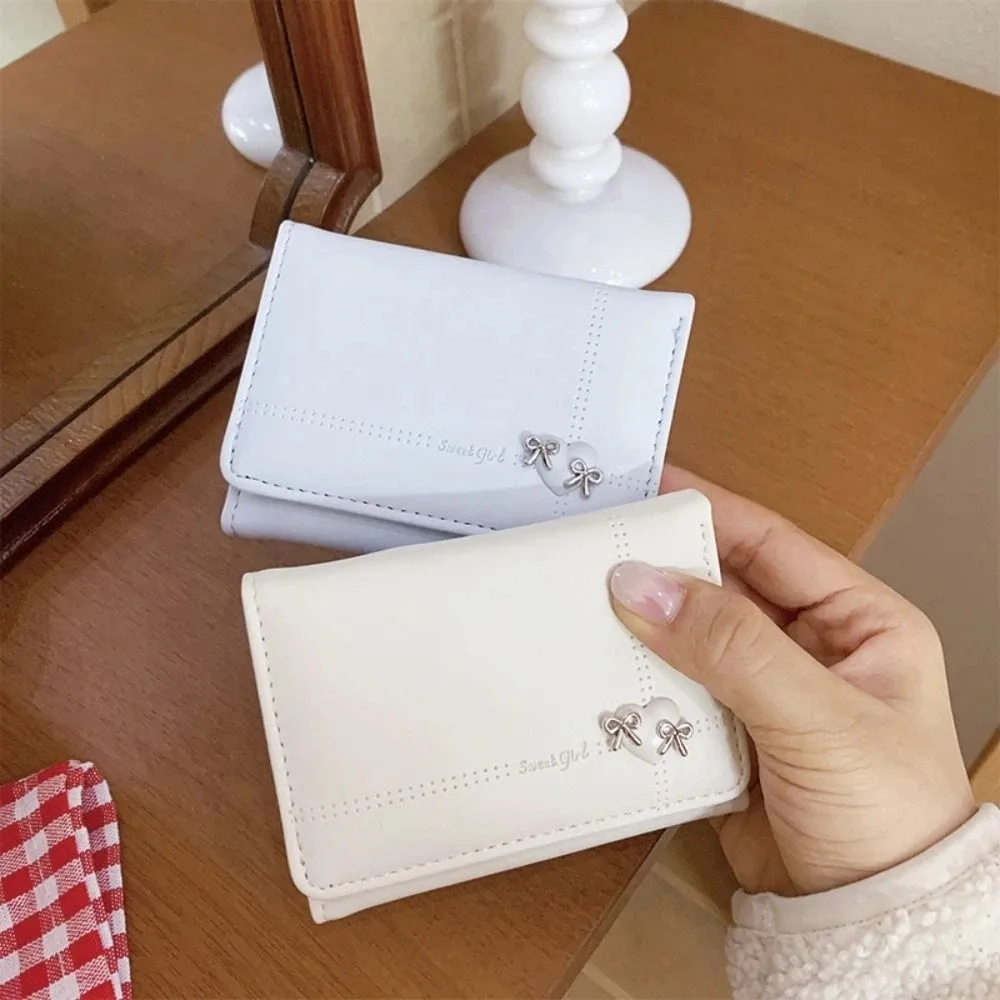 Heart-Shaped Bow Design Tri-fold Short Wallet PU Leather Multiple Card Slots Coin Purse Foldable Multipurpose Money Bag