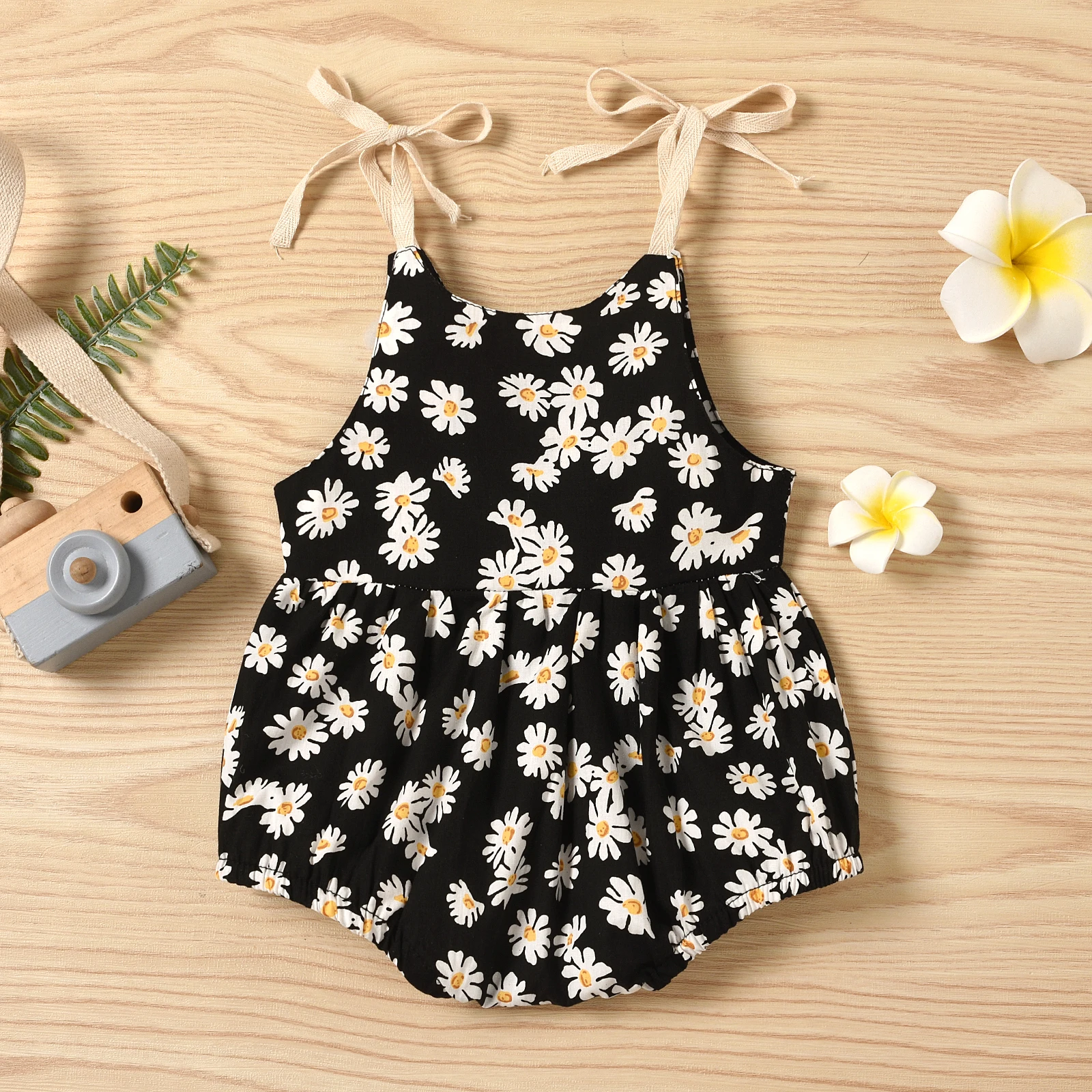 Summer Baby Boy Black Sunflower Print Sling Harness Crawling Suit