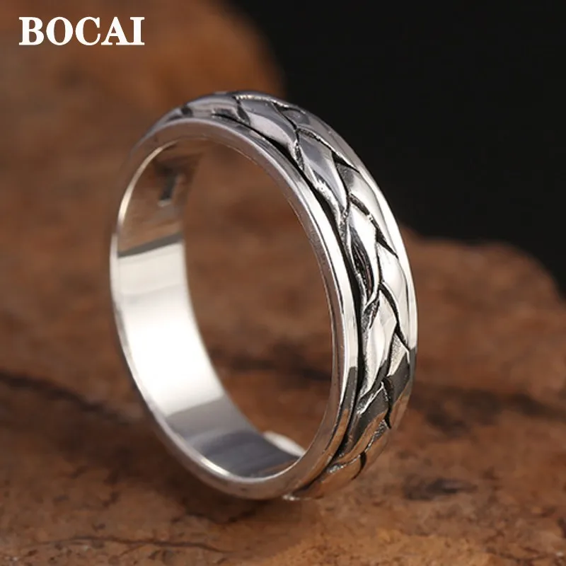 BOCAI  Trend Real S925 Silver Good Luck Men's Ring Retro Personality Simple and Rotatable Couple Ring