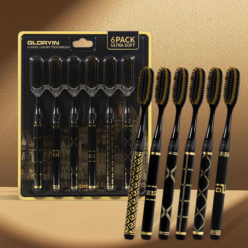 GLORYIN [12-PCS] [6-PCS] Black Gold Series Extended Brush Head, Home Adult Couple Soft Toothbrush, Travel Essential