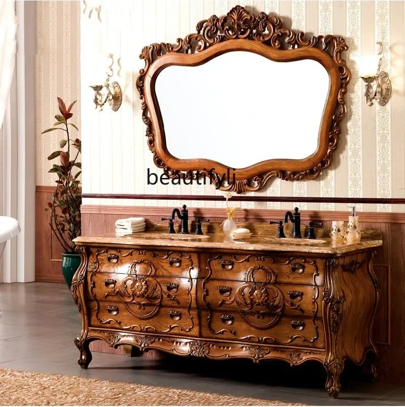 

European-Style Bathroom Cabinet Double Basin Red Oak Washstand American Antique Bathroom Cabinet Solid Wood Washbasin Cabinet