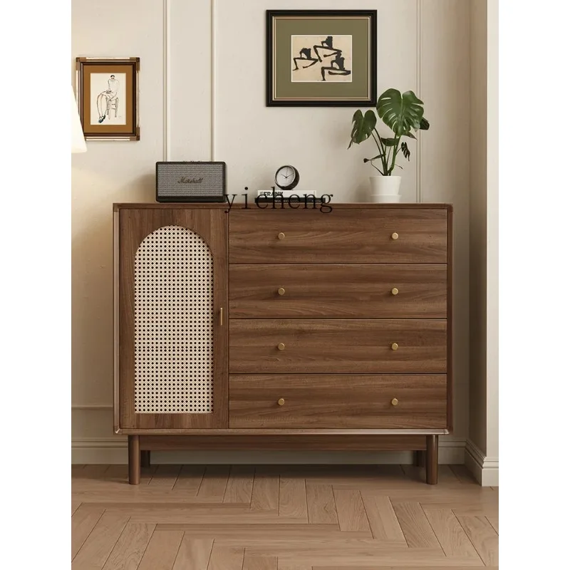 Storage Cabinet Retro Rattan Solid Wood Leg Storage Cabinet Wall Storage Drawer CabinetX24