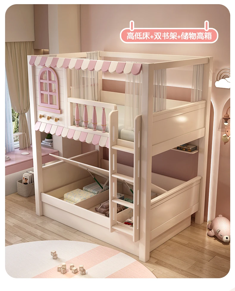 Pink children's bed girl, up and down bed Bunk bed Small apartment roof