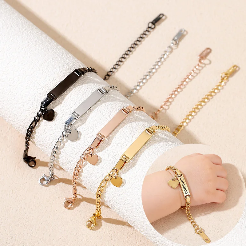 Pulsera de Acero Inoxidable con Nombre Personalizado para Bebé, Bonito Colgante de Corazón, Bautizo Infantil, Texto Grabado con Láser, Pulsera Personalizada, Regalo