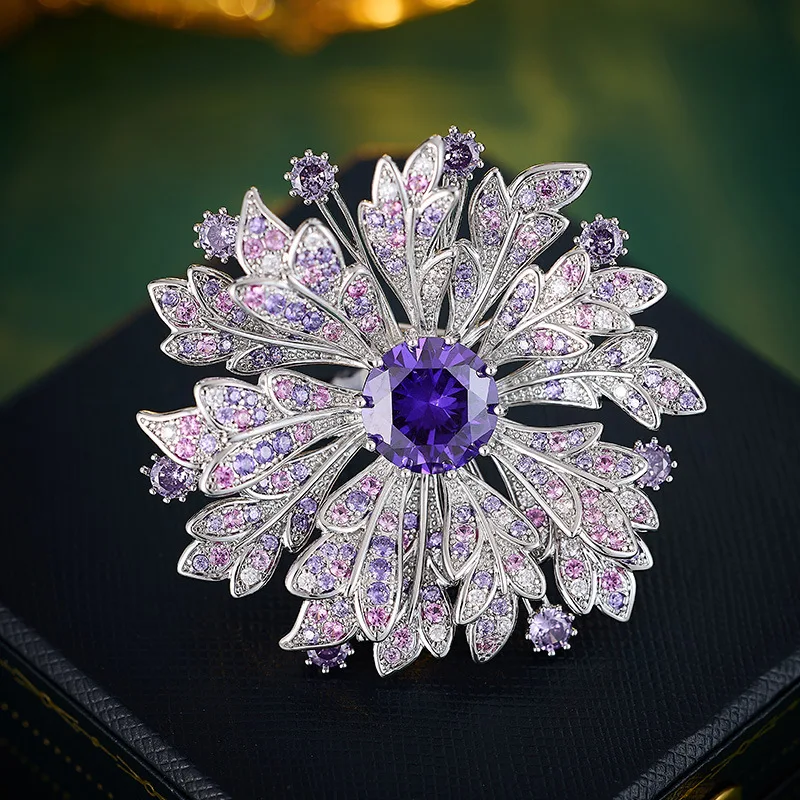 

High-end Light Luxury Sunflower Purple Micro Inlaid Zircon Brooch for Women Elegant Temperament Suit Coat Dinner Accessories Pin