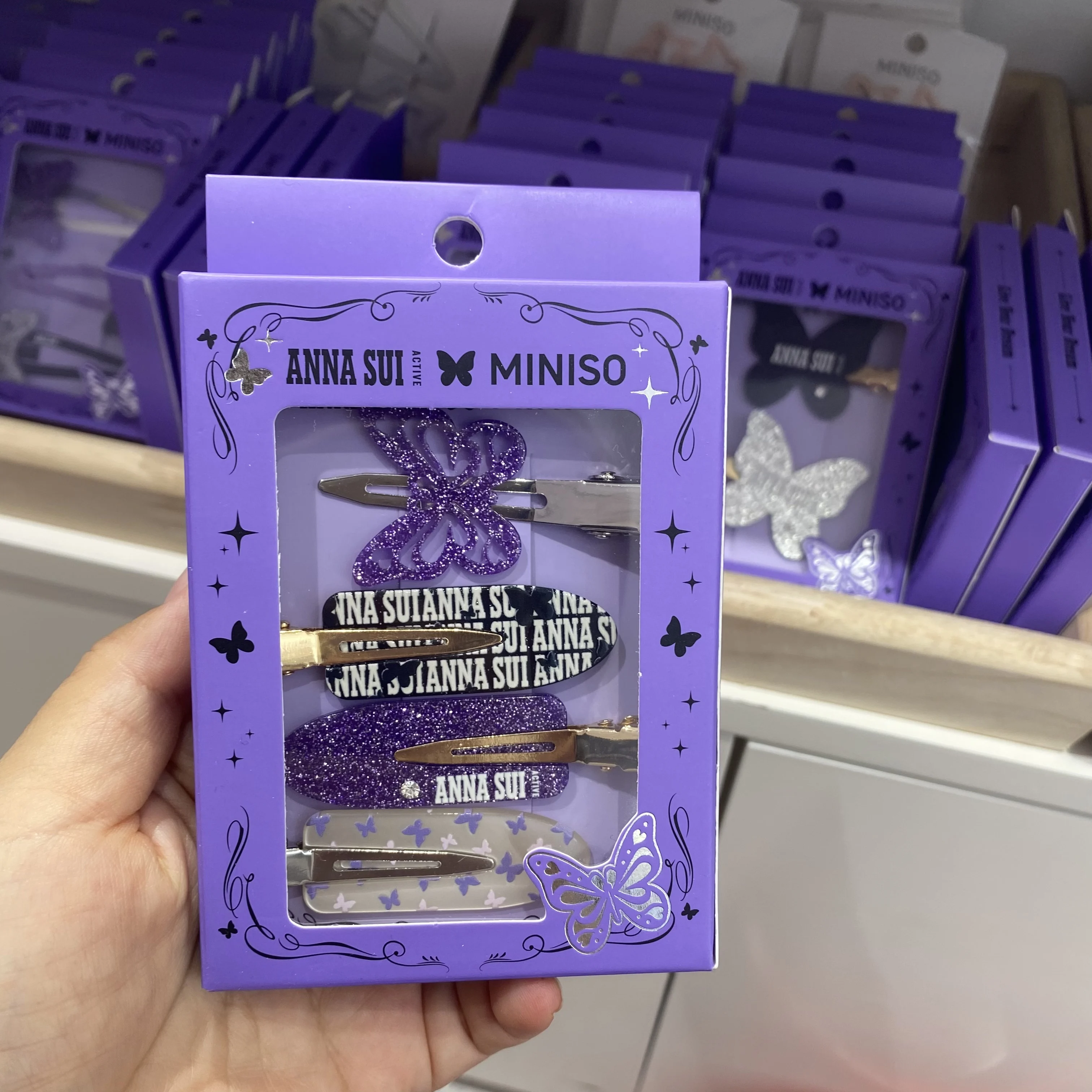 Miniso Anna Sui series purple seamless hollow butterfly clips set of 3 BB clips dreamy hairpins