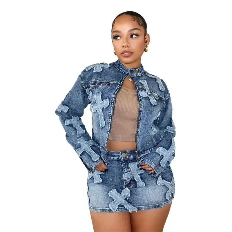 Women Stand-up Collar Zipper Jackets Patchwork Crosses Denim Suits Ultra Short Wrap Hip Skirt Female Casual Trend Two Piece Sets