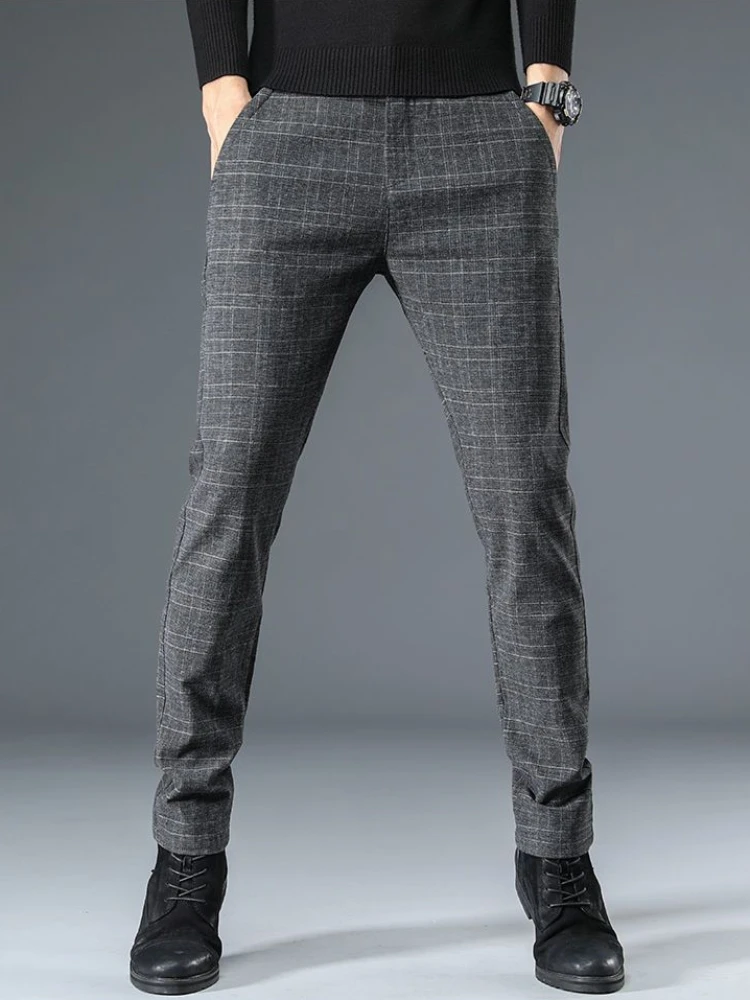 Business Male Suit Trousers Straight Slim Fit Social Tailoring Check Plaid Tressed Men\'s Summer Pants Chinese Homme 2024 Up Fine