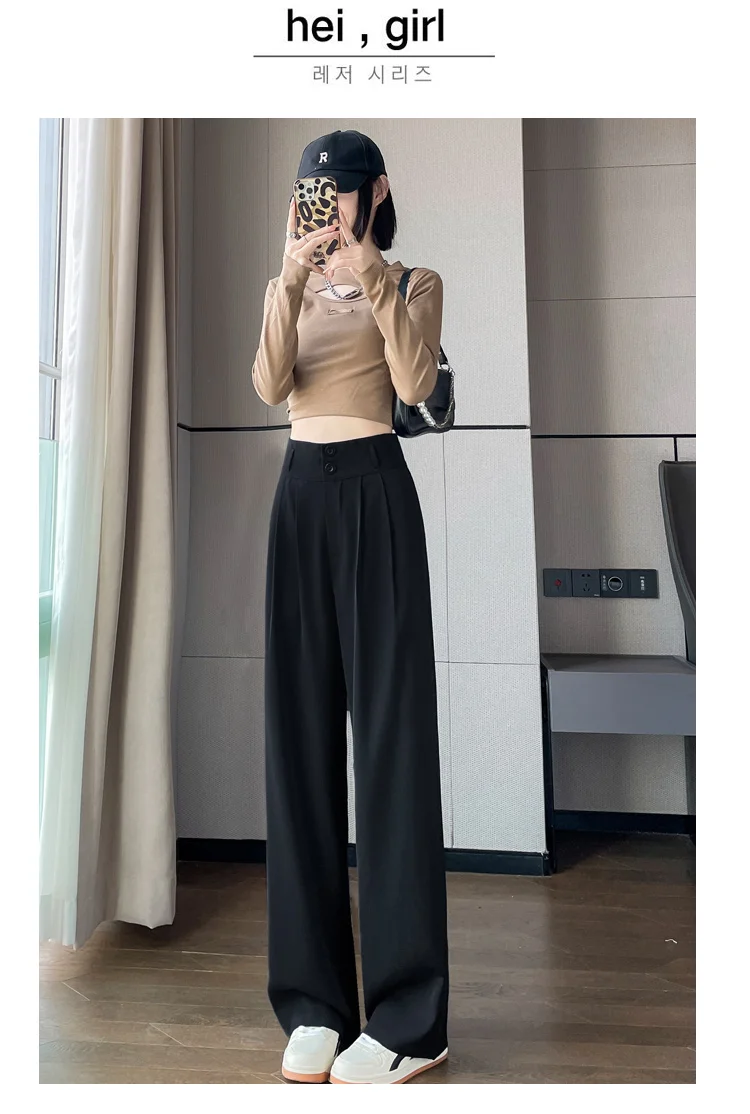 Frauen Lose Frühling Sommer 2024, Neue Hohe Taille Breite Beine Dünne Beiläufige Hosen Koreanische Mode-Trend Weiblichen Anzug Gerade Hosen – Detail 5