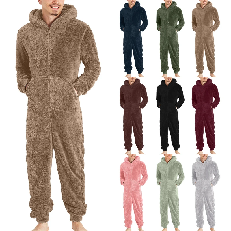 Men Sleepwear Artificial Wool Long Sleeve Pajamas Casual Solid Zipper Loose Hooded Jumpsuit Pajamas Casual Winter Warm Homewear