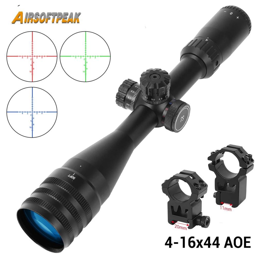 4-16x44 AOE Riflescope Red Green Blue Illuminated Reticle Optical Scope Airsoft Hunting Gun Scope for 11mm/20mm Rail Mount