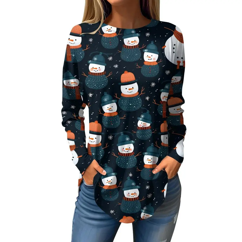 Christmas limited edition women's 3D Christmas element printed round neck long-sleeved T-shirt casual long-sleeved top