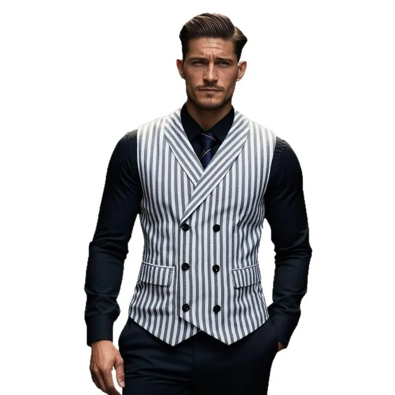 KIDWHXR Man Suit Vest Vintage Striped Double-breasted Men Waistcoat British Style Slim Sleeveless Casual Versatile Male Vest
