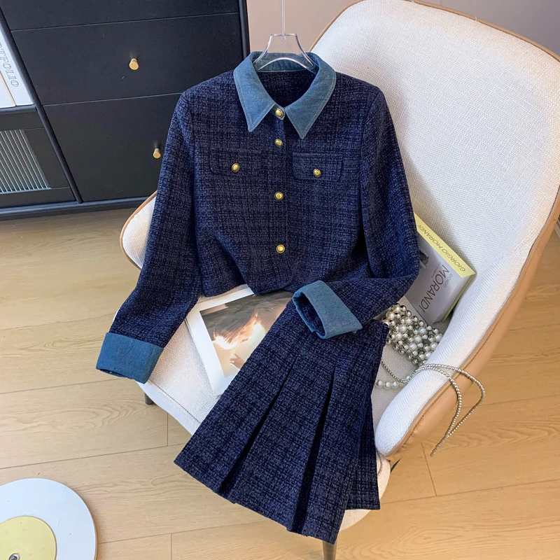 Korean Fashion patchwork Tweed 2 Two Piece Set Women Outfits Spring Crop Top Jacket Coat + Mini Pleated Skirt Suits Elegant chic