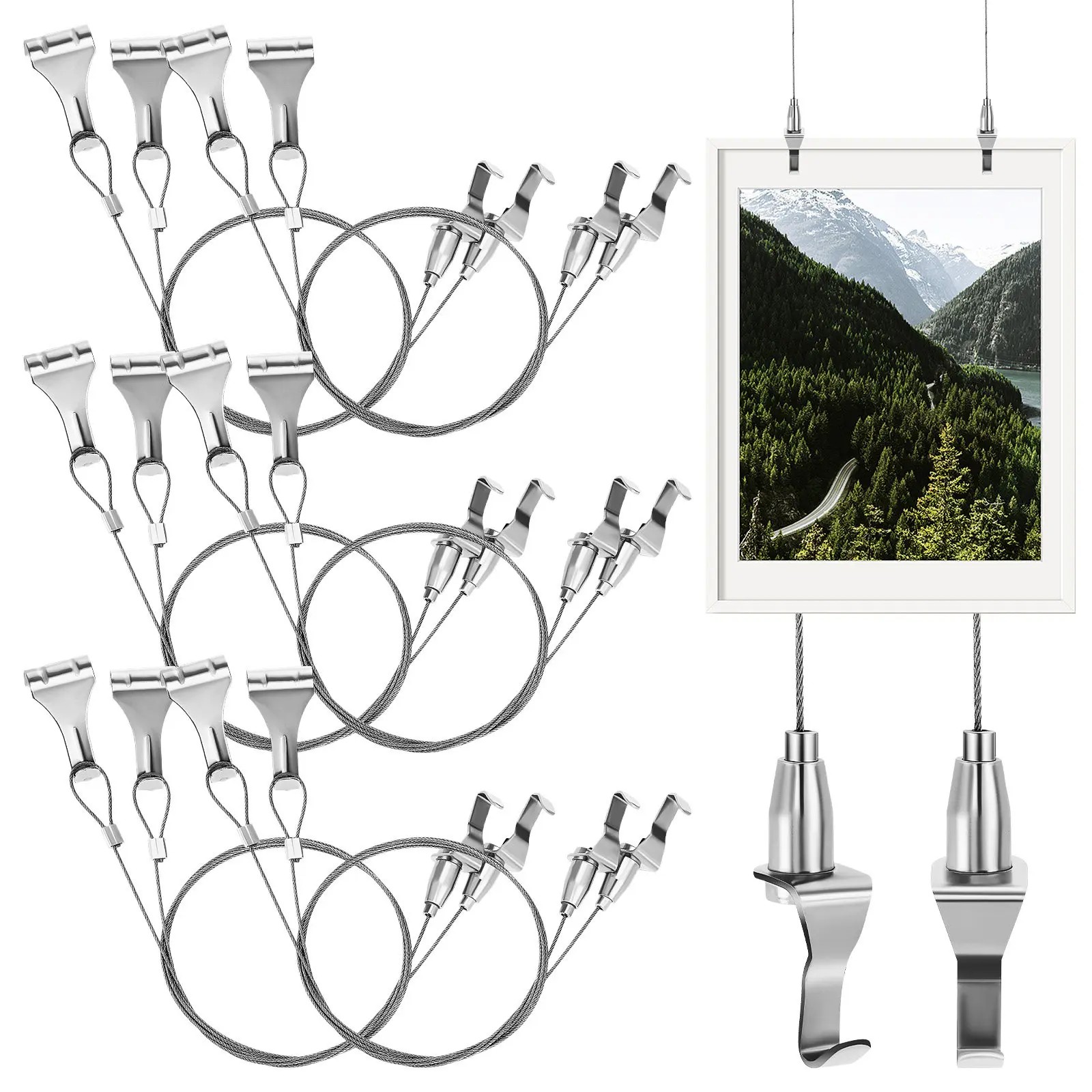 8Sets Picture Hanging Kit Adjustable Rail Hanging System Gallery Heavy Duty Picture Frame Hooks Exhibition Display