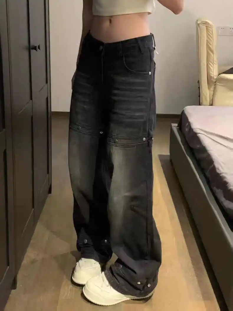Damskie czarne sprane jeansy z nitami w stylu Y2k American Hip-Hop BF, luźne spodnie z szerokimi nogawkami, proste spodnie do ziemi w stylu \"laziness\", Ins