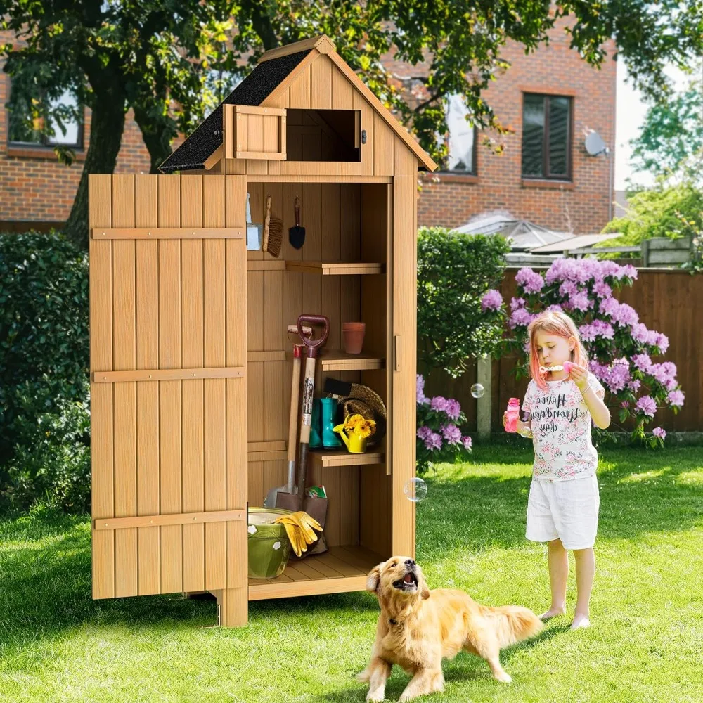 Outdoor Storage Shed with Floor, Wooden Garden Tool Storage Cabinet, 70” Tall Water-Resistant Outhouse , Sheds & Storage