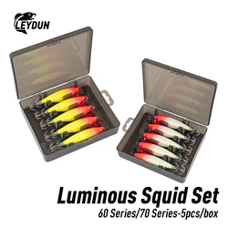 LEYDUN Luminous Horizontal Squid Jig Wood Shrimp Squid Hook 5pcs Fishing Lures LEYDUN Octopus Cuttlefish Shrimp Saltwater Baits