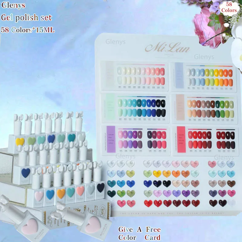 

Glenys 58 color nail polish gel net red popular semi permanent immersion gel color card UV LED nail art varnish study set