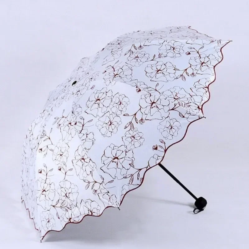 New Wave Edge Umbrella for Girls UV Protection Black Coating Hibiscus Flower Princess Fashion