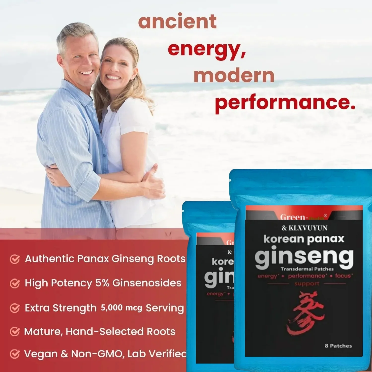 Korean Red Panax Ginseng 5000mcg 8 Transdermal Patches Extra Strength Root Extract Powder Supplement With High Ginsenosides