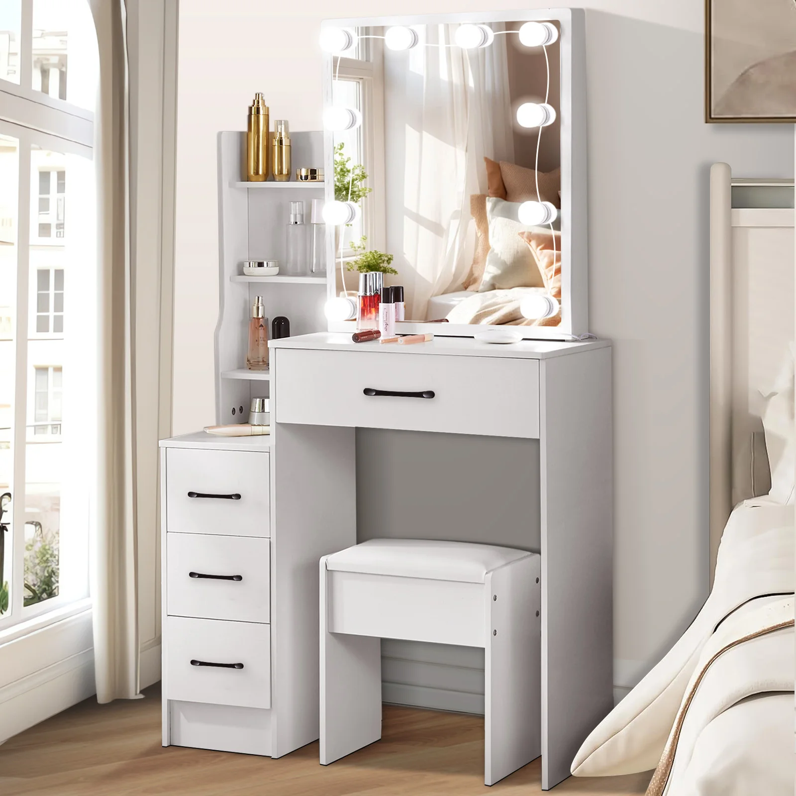 Modern White Dressing Table Stool Set with LED Light Mirror Vanity Make up Desk