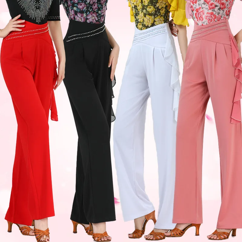 여성용 리본 하이 웨이스트 라틴 댄스 바지, 스트레이트 레그 바지, Jiteba 세일러 댄스 바지, 현대 무용 연습 볼룸 코스튬