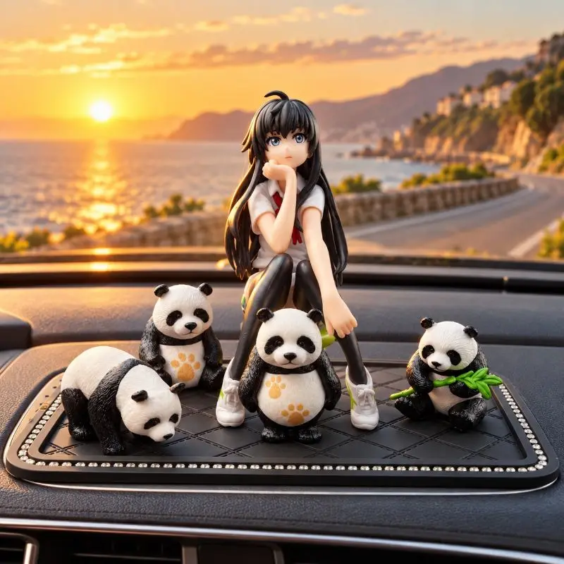 Cute Anime Girl Panda Car Dashboard Decoration Set Resin PVC Figurine Auto Interior Ornament Gift for Anime Lovers