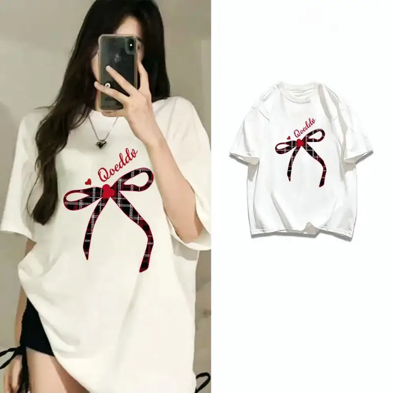 

Женская футболка большого размера с бантом, милая клетчатая футболка с рисунком в виде сердца, свободный топ в корейском стиле, летняя повседневная студенческая одежда Y2K