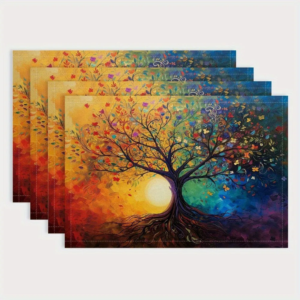 Tree of Life Design Placemats, Polyester Table Mats for Farmhouse Kitchen, Dining Room,Hand Wash Only, Heat Resistant, Placemats